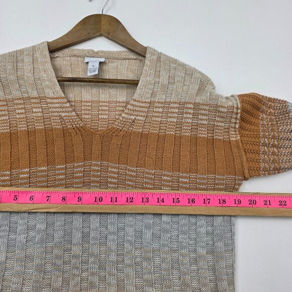 Womens XS Distressed V Neck Striped Knit Sweater Beige Tan Gray Boho Grunge - Picture 13 of 15